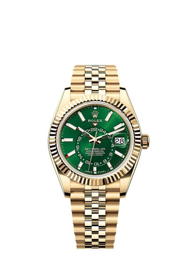 2025 New Release Rolex Sky - Dweller Yellow Gold 42mm Jubilee – Bright Green Dial (Ref. 336938) - WatchesOff5thWatch